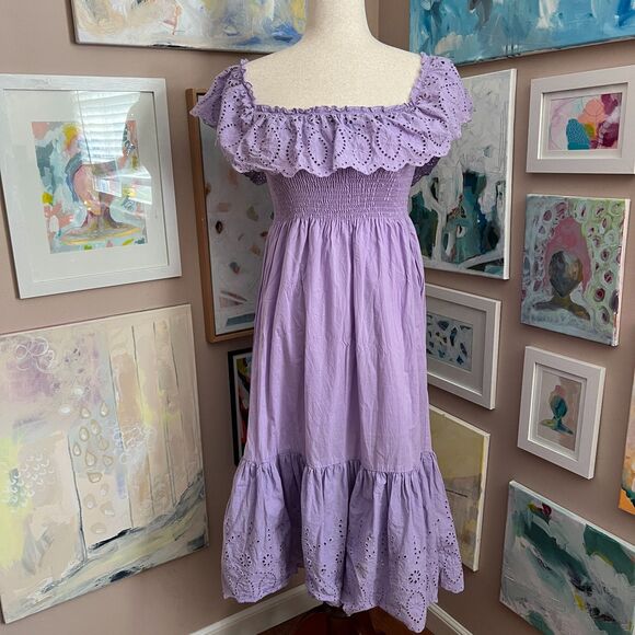 Urban Outfitters Dresses & Skirts - Urban Outfitters Fairy Lavender Eyelet Smocked Midi Dress Off Shoulder Size XS